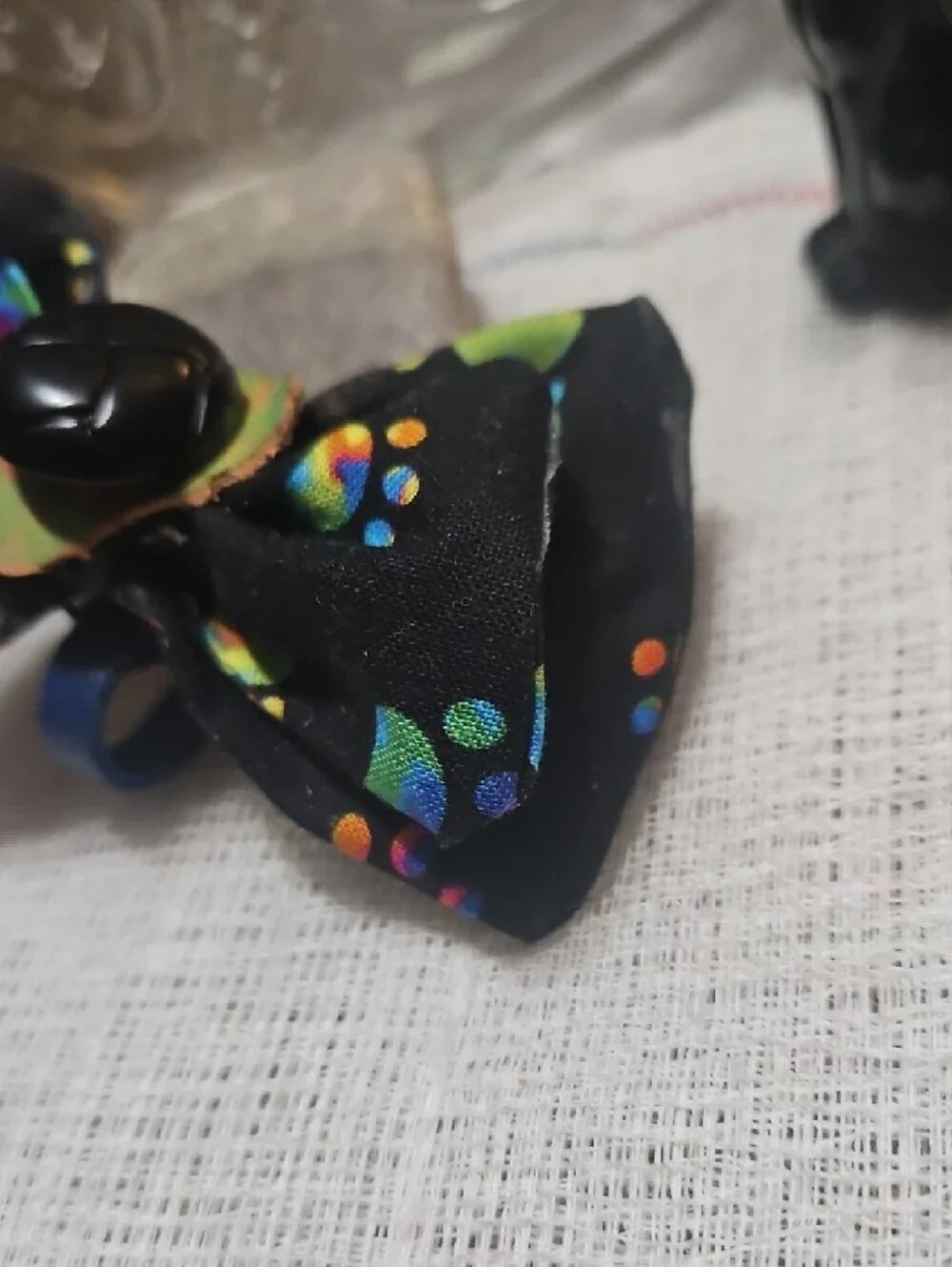 Handmade Black Dog Collar Bow Tie Neon Paw Prints Black Button NEW